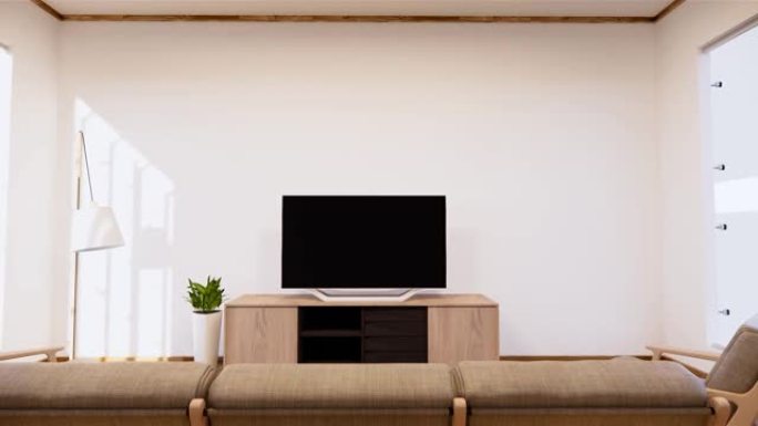 房间白色墙壁上的扶手椅和电视柜，简约和禅宗室内。3d渲染