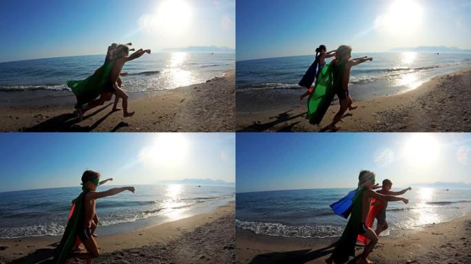 孩子们在海滩上玩耍的超级英雄