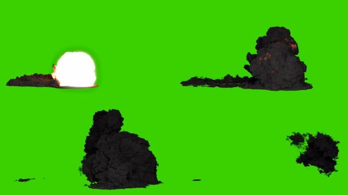 燃料或炸药的强烈爆炸，并带有大量黑色滚滚浓烟。黑烟爆炸，炸弹爆炸和真正的烟雾。绿屏前的VFX动画。