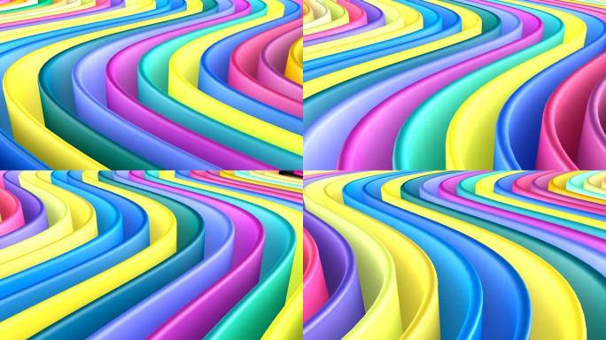 彩色条荡漾的行和行的3D动画。明亮多彩的渐变。波浪3D背景。