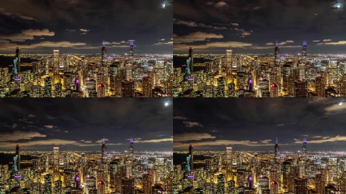 芝加哥市区高层建筑的令人难以置信的空中夜间时光流逝，灯光向南望向密歇根大道，这是交通在下方移动的壮丽