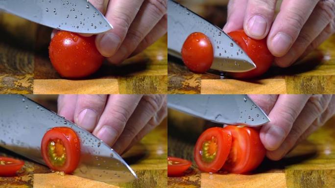 番茄切特写。慢动作