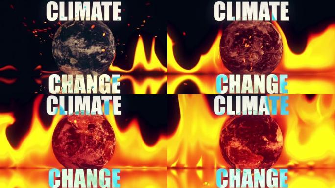 气候变化背景概念。用火焰旋转地球，用文字点燃火花。