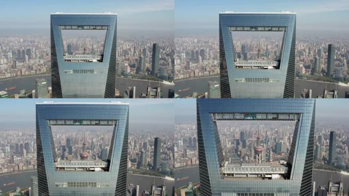 中国4k视频白天上海城市天际线的无人机镜头
