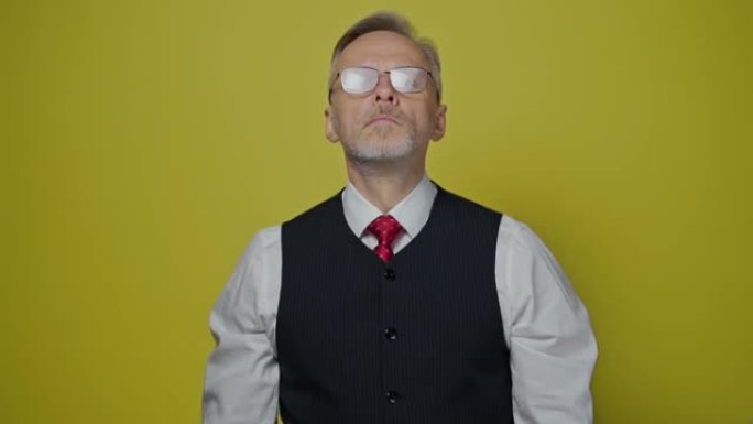 一个严肃的高级商人的肖像。戴着眼镜的灰色胡须的成熟男人站在黄色背景上看着相机。