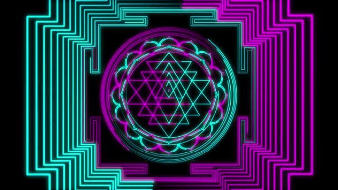 抽象霓虹灯飞行几何隧道与Sri Yantra Mandala。无缝循环4k背景。带有霓虹灯的未来派走