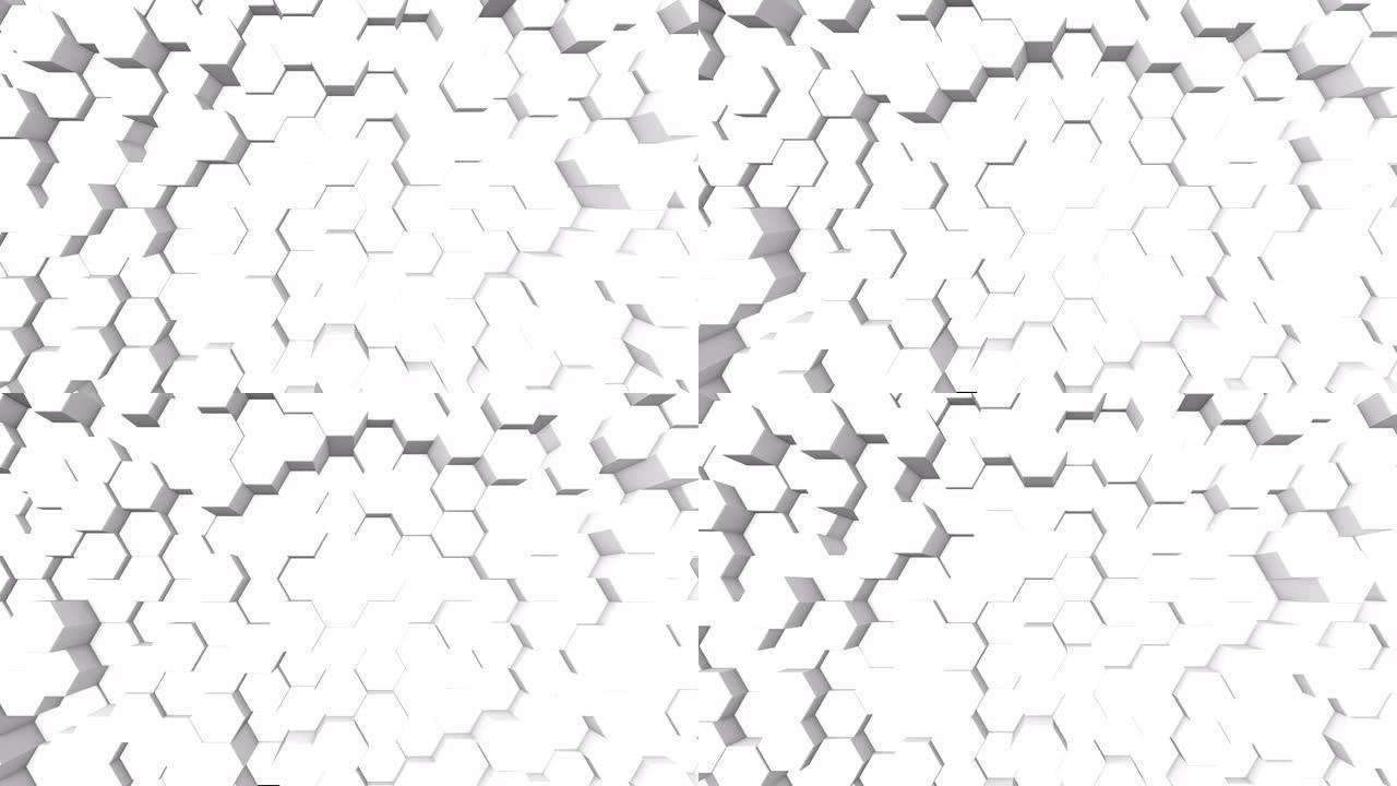 六角形蜂巢无缝循环的白色3D动画。