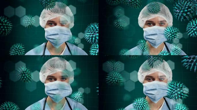 新型冠状病毒肺炎细胞对着戴着口罩的女医生移动