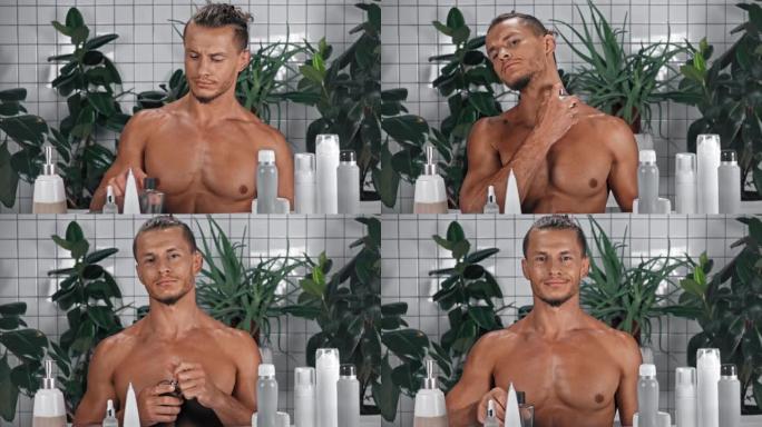男人看着相机并在浴室使用香水