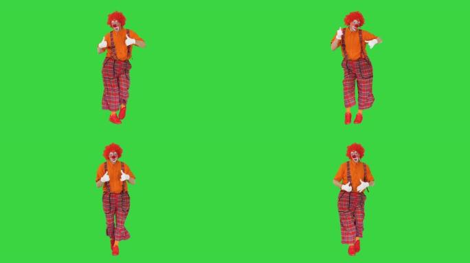 彩色有趣的小丑在绿色屏幕上散步和跳舞，色键