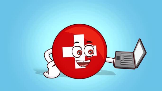 卡通图标旗帜瑞士脸动画工作在笔记本电脑与阿尔法哑光