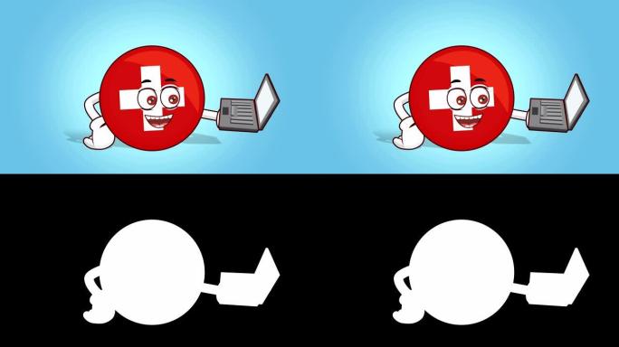 卡通图标旗帜瑞士脸动画工作在笔记本电脑与阿尔法哑光