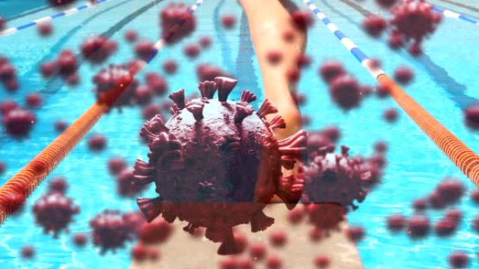 数字复合视频新型冠状病毒肺炎细胞移动反对女人跳进游泳池
