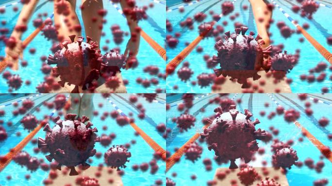 数字复合视频新型冠状病毒肺炎细胞移动反对女人跳进游泳池
