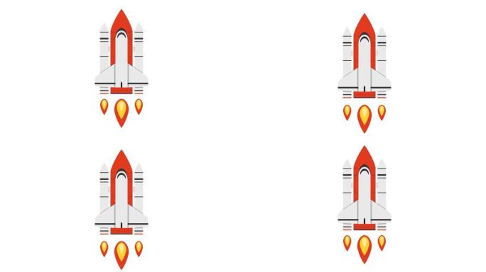 卡通火箭飞船在白色背景上飞起来。循环动画。4k分辨率。