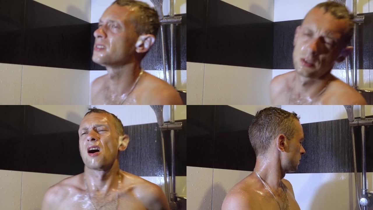 年轻英俊的肌肉男正在洗澡。洗,
