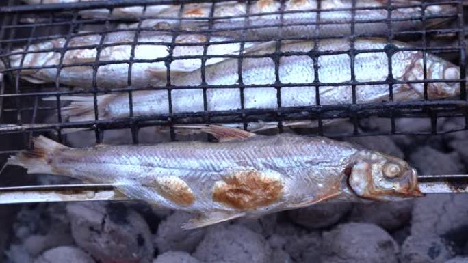 在煤上烤的Coregonus sardinella。鱼在煤上油炸。烧烤。油炸时将鱼翻过来，形成美味的