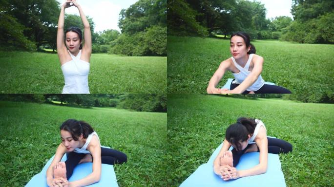 瑜伽教练在公园里伸展运动