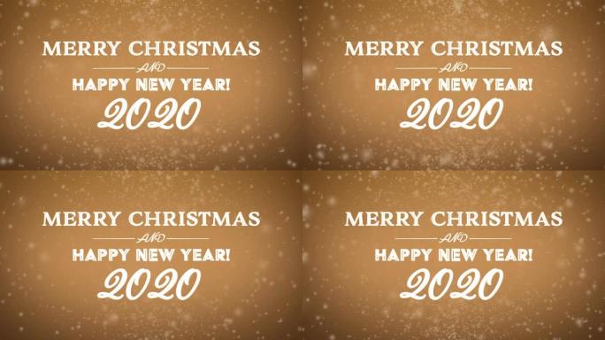 4k圣诞快乐和新年快乐2020文本与雪橙色背景