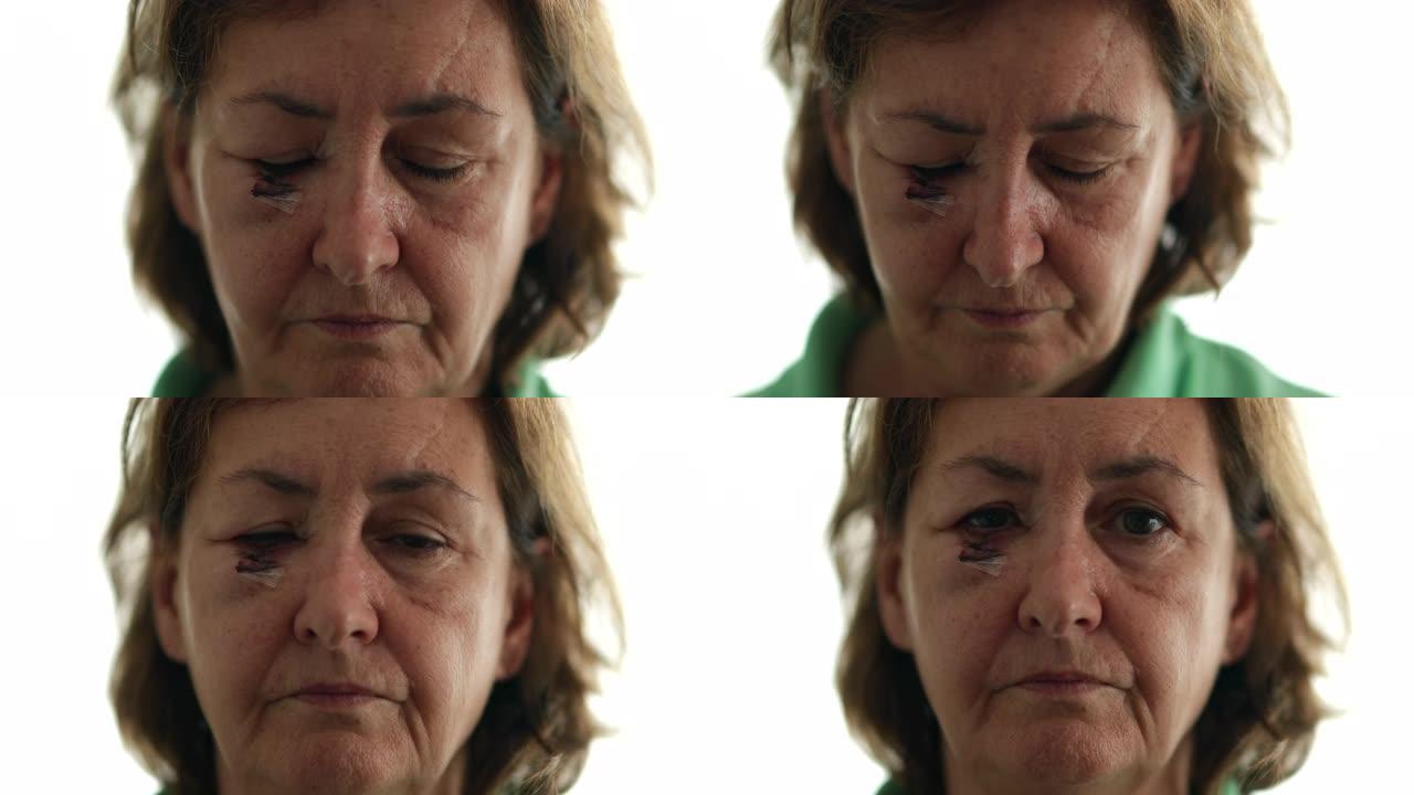 缝线的老女人的肖像带着悲伤的表情看着相机