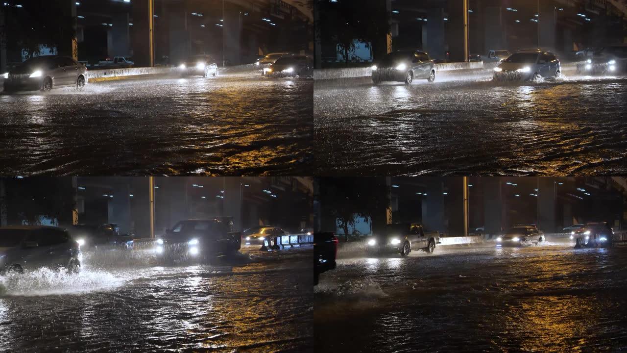 暴雨淹没了汽车。下雨天梅雨季节城市积水