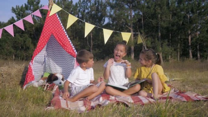 周末在森林里，快乐的朋友孩子们在比格瓦姆的背景下展示有趣的面孔和野餐书籍