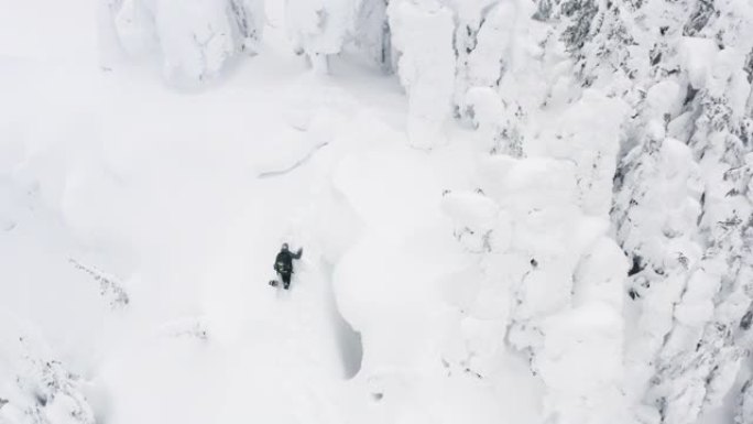 在冬季下雪的天气条件下，在滑雪场上方的滑雪者在深粉雪中徒步爬山的空中无人机