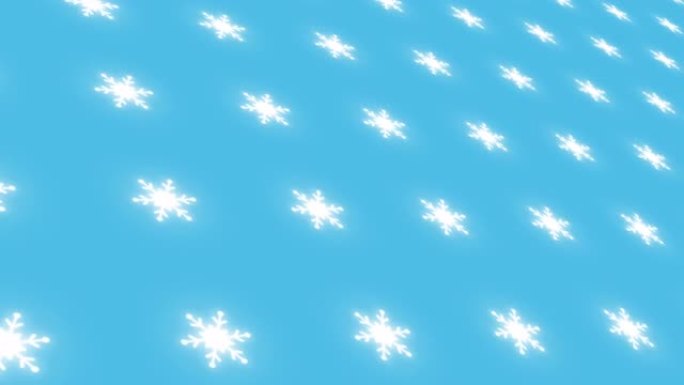 蓝色背景上的白色雪花随着透视运动而改变大小。循环逼真的动画。