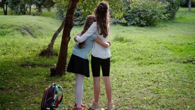 孩子们在公园里拥抱，向前看。不同年龄和身高的两个姐妹的背景图，穿着不同风格的服装