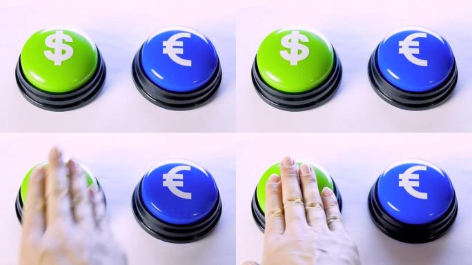 商务人士按绿色，蓝色货币按钮，带有美元/欧元符号。按下按钮就能赚大钱。选择货币兑换。4k视频盈利支付