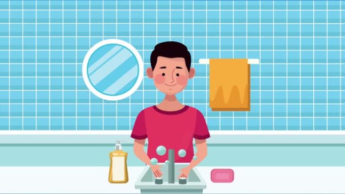 浴室里有男人的全球洗手动画