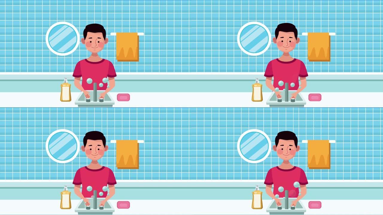 浴室里有男人的全球洗手动画