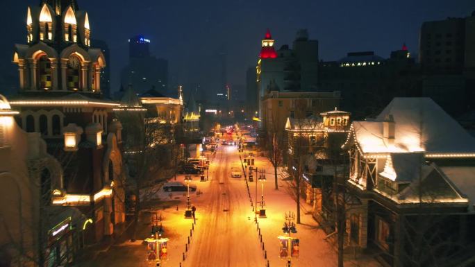 大连俄罗斯一条街夜间雪景航拍