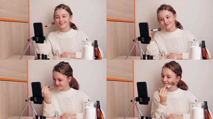 一位可爱的年轻女孩化妆博客作者演示了使用化妆刷的技术。在社交网络上记录博客的视频
