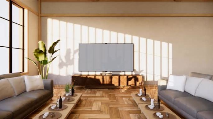 房间白色墙壁上的扶手椅和电视柜，简约和禅宗室内。3d渲染