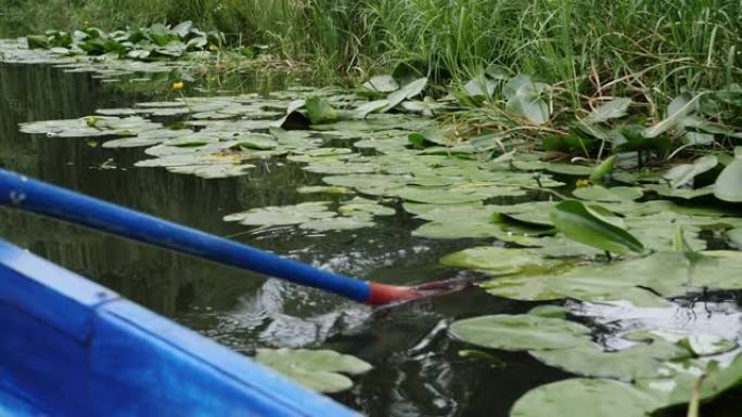 蓝色木制桨在水上。在城市公园的湖面上划桨。在湖上划着睡莲和莎草。在水中划桨的一部分的特写视图。