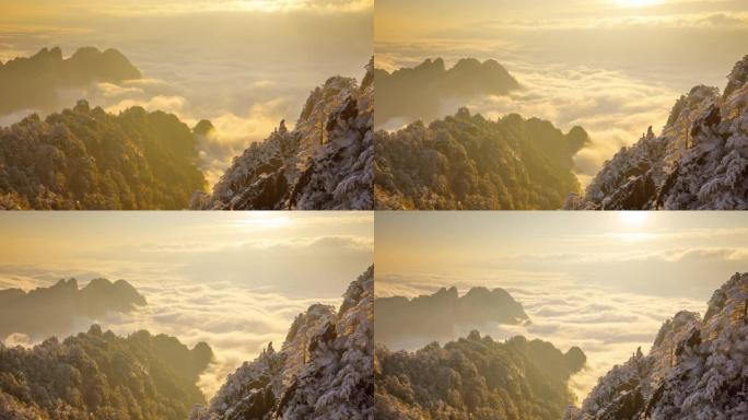 日出时间流逝在中国黄山 (黄山) 的雾海上眺望