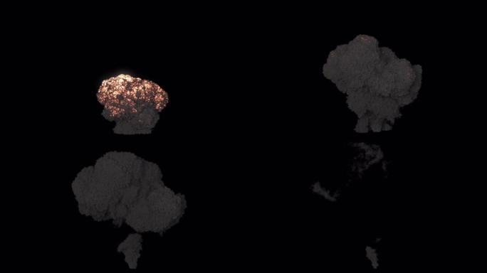 一场巨大的爆炸，浓浓的黑烟。黑烟爆炸，炸弹爆炸和真正的烟雾。绿屏前的VFX动画。