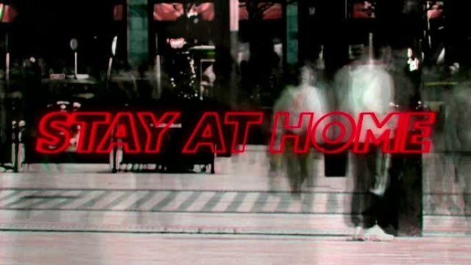 五颜六色的霓虹灯文字的动画在街上行走的人们呆在家里