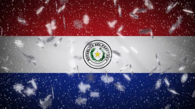 巴拉圭国旗飘雪可环，新年和圣诞节背景，环