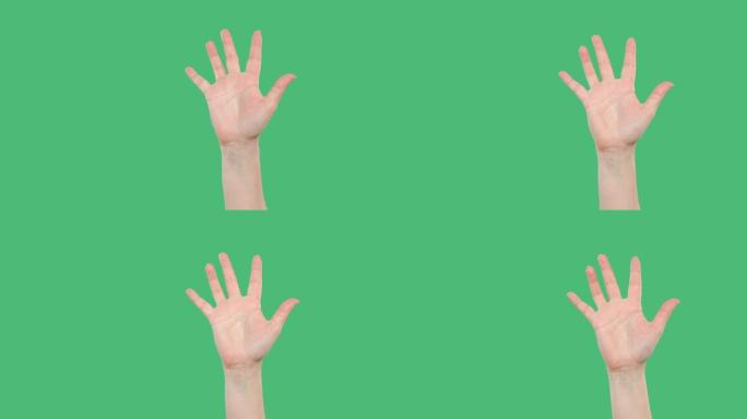 在绿色背景上举起手的人的裁剪镜头