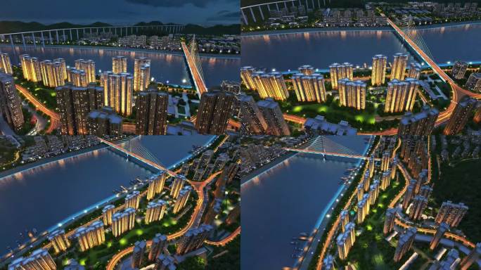 城市高架桥江河夜景航拍三维