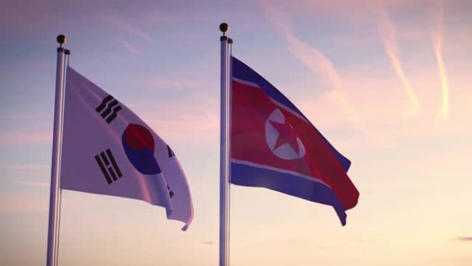 韩国和朝鲜的旗帜显示了首尔和平壤之间的紧张和对抗。