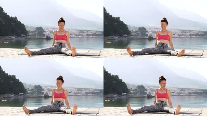 海边瑜伽课后运动女孩放松