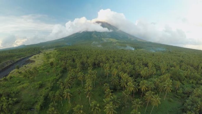 菲律宾黎牙实比市附近的马永火山。日落时棕榈树丛林和种植园的鸟瞰图。马永火山是一座活火山，2462米高