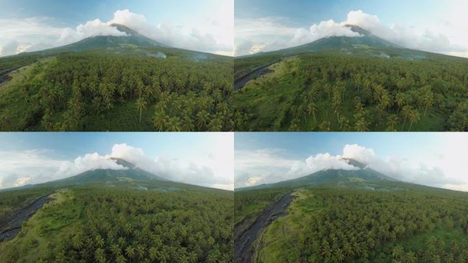 菲律宾黎牙实比市附近的马永火山。日落时棕榈树丛林和种植园的鸟瞰图。马永火山是一座活火山，2462米高