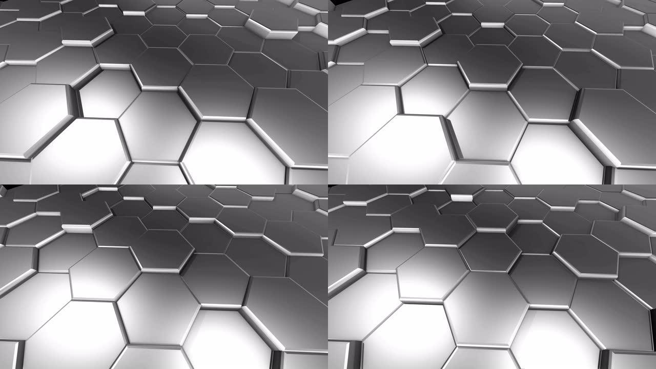 金属六角形蜂巢的3D动画。