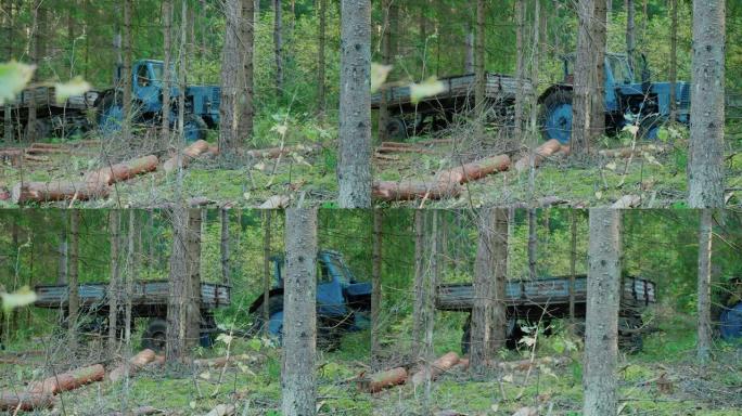 非法砍伐森林。一辆带拖车的旧拖拉机正在森林中行驶。自己动手记录。