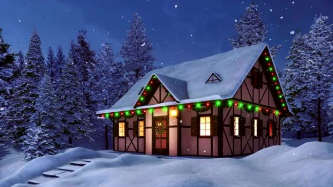 冬季降雪之夜为圣诞节装饰的舒适乡村房屋