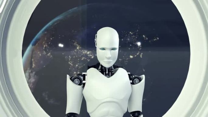 未来派机器人，太空宇宙中的宇宙飞船内的人工智能CGI